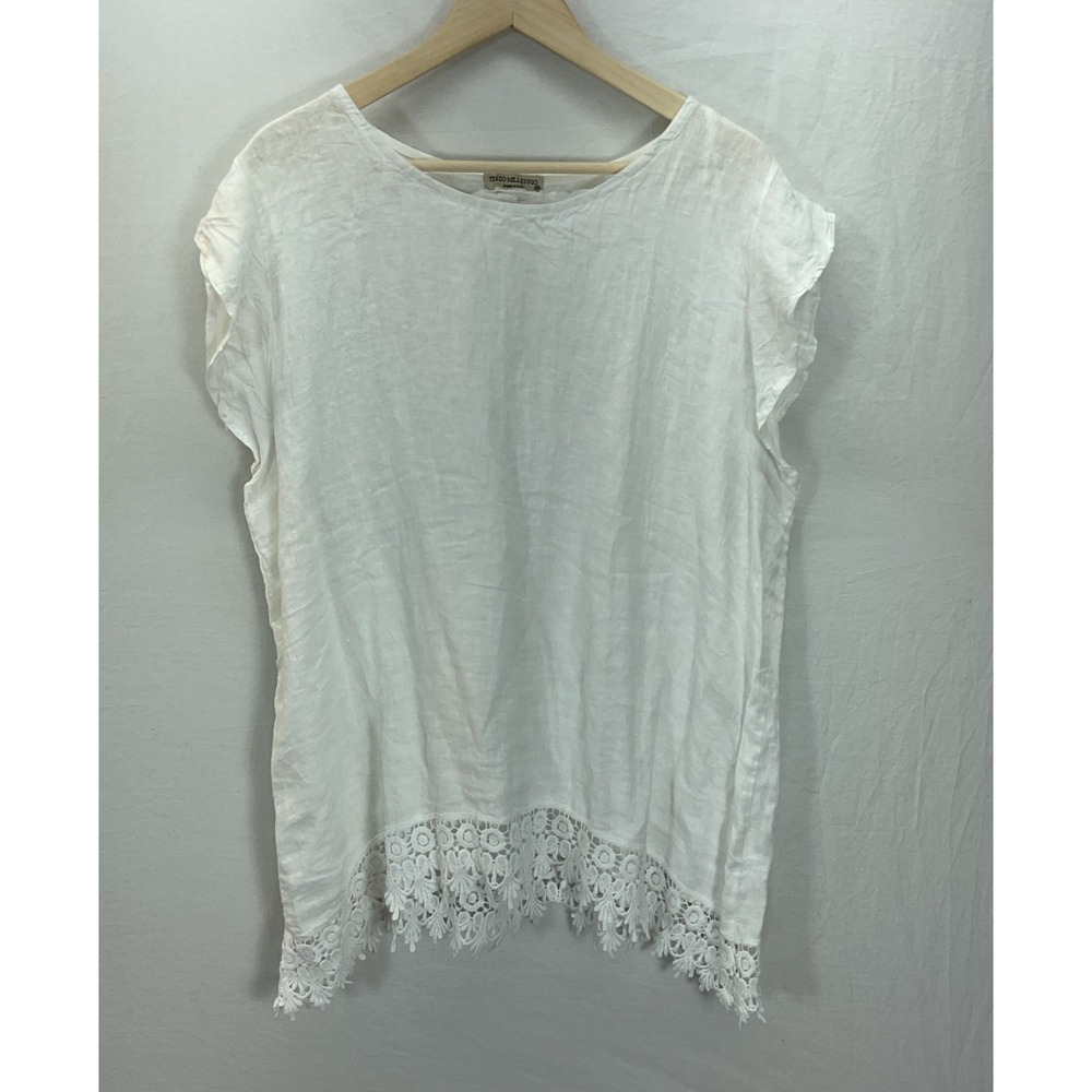 Terzo Millennio Women 2X Linen Blouse White Crocheted Lace Trim Made In Italy